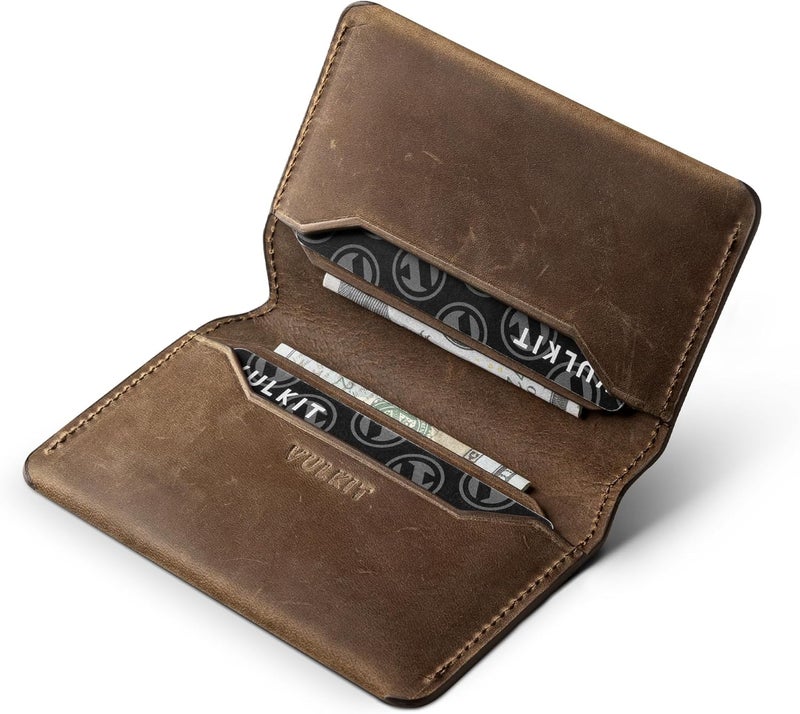 VULKIT حامل بطاقات رفيع وأنيق مع حماية RFID من الجلد، محفظة بطاقات ائتمان لحقيبة الجيب الأمامية، إغلاق مغناطيسي، نسخة مصنوعة يدويًا من جلد البقر - Image 1